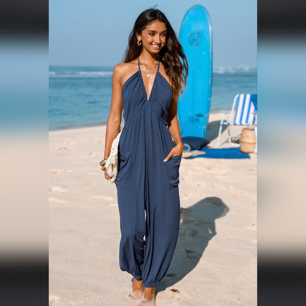 Cupshe blue Plunge Halter Jogger Jumpsuit XS